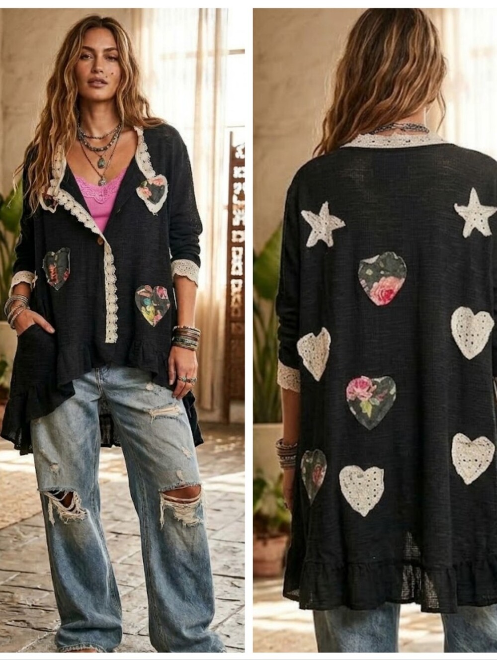 Boho Patchwork Heart & Star Button-Front Women's Duster- Black